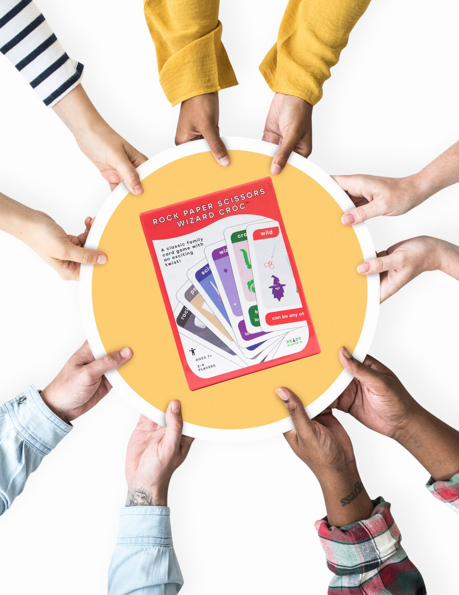 Teamwork concept expressed by people with various skin tones reaching their hands into a centerpiece that holds an RPSWC box.