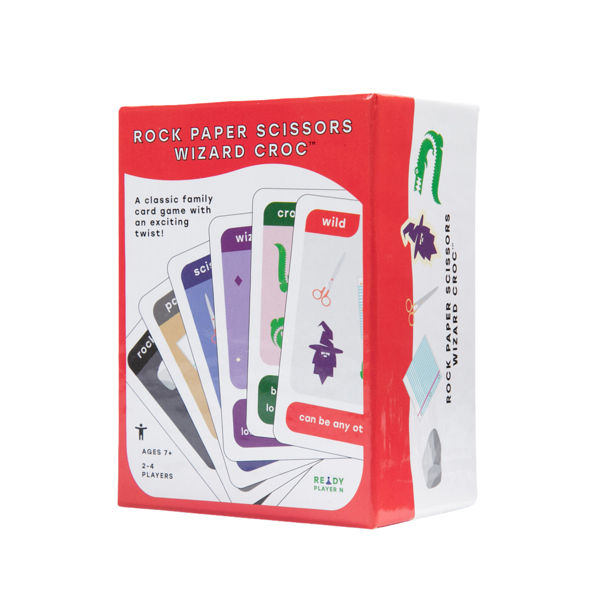 Rock Paper Scissors Wizard Croc box standing upright, angled left. Box cover is outlined in a bright red and features colorful cards.