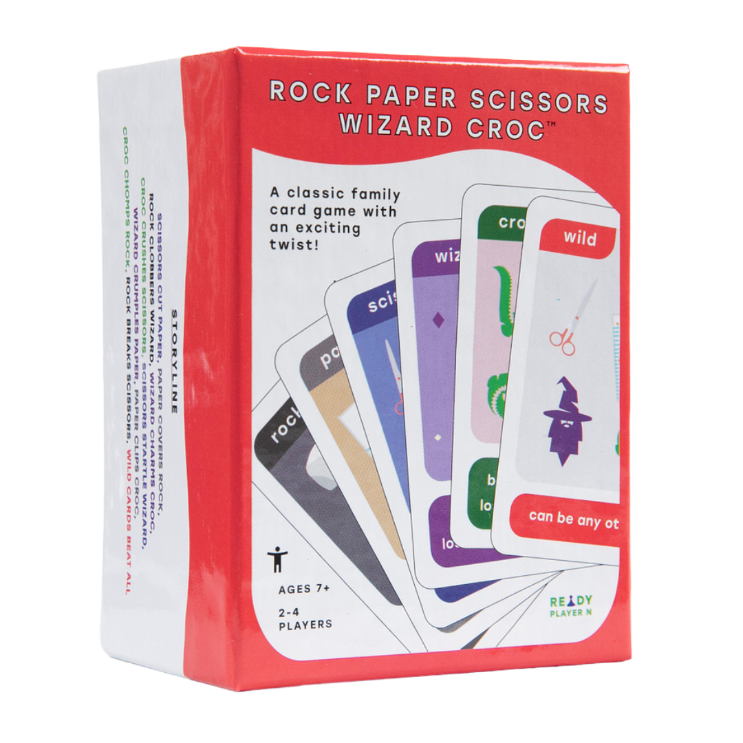 Game box with Rock, Paper, Scissors, Wizard, Croc and Wild cards splayed. Bright colors convey energy. Imagery conveys fun.