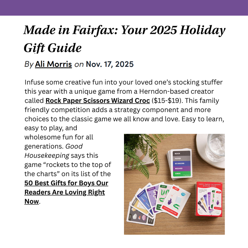 Made in Fairfax recommends Rock Paper Scissors Wizard Croc for wholesome, creative fun for all generations.