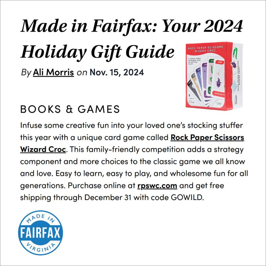 Made in Fairfax gift guide excerpt. Says "Infuse some creative fun...with a unique card game...wholesome fun for all generations.”