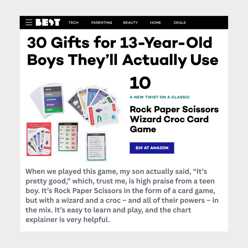 BestProducts.com feature published April 25, 2025 highlighting 30 Gifts for 13 Year-Old Boys. RPSWC listed at #10.