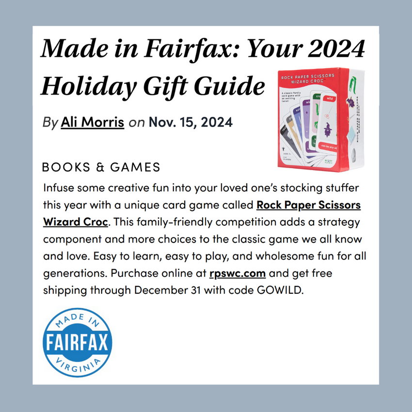 Made in Fairfax's 2024 Holiday Gift Guide, published November 15, 2024. RPSWC featured as top product in Books and Games category.