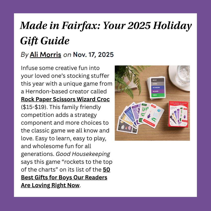 Made in Fairfax recommends Rock Paper Scissors Wizard Croc for wholesome, creative fun for all generations.