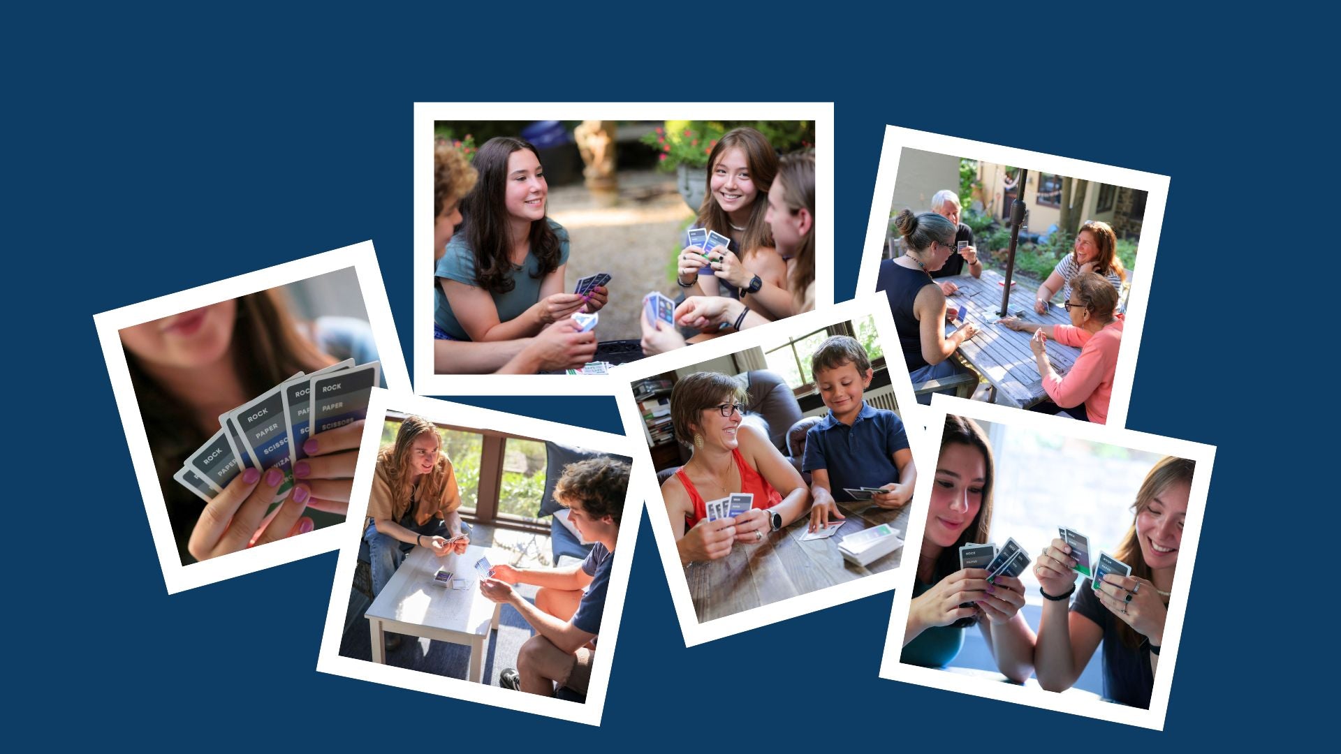 Collage of groups of teens and young adults, seniors, and a mother and son playing RPSWC in different settings.