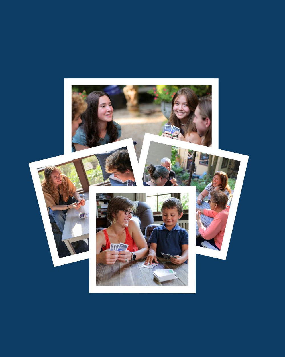 Collage of groups of teens and young adults, seniors, and a mother and son playing RPSWC in different settings.