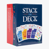Card game packaging for 'Stack the Deck' with colorful cards displayed on a dark background