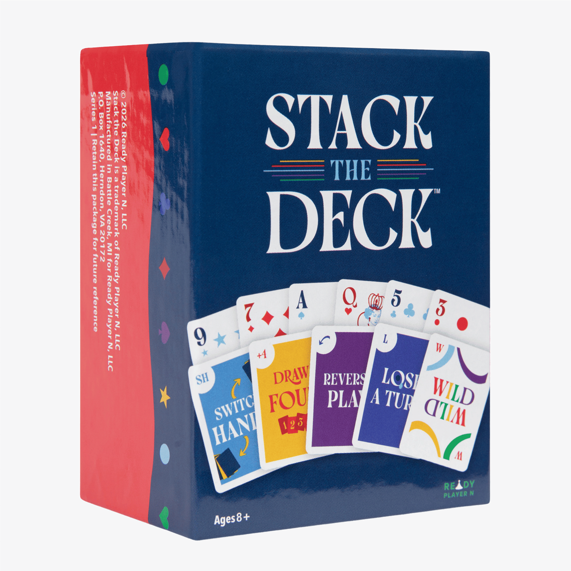 Card game packaging for 'Stack the Deck' with colorful cards displayed on a dark background