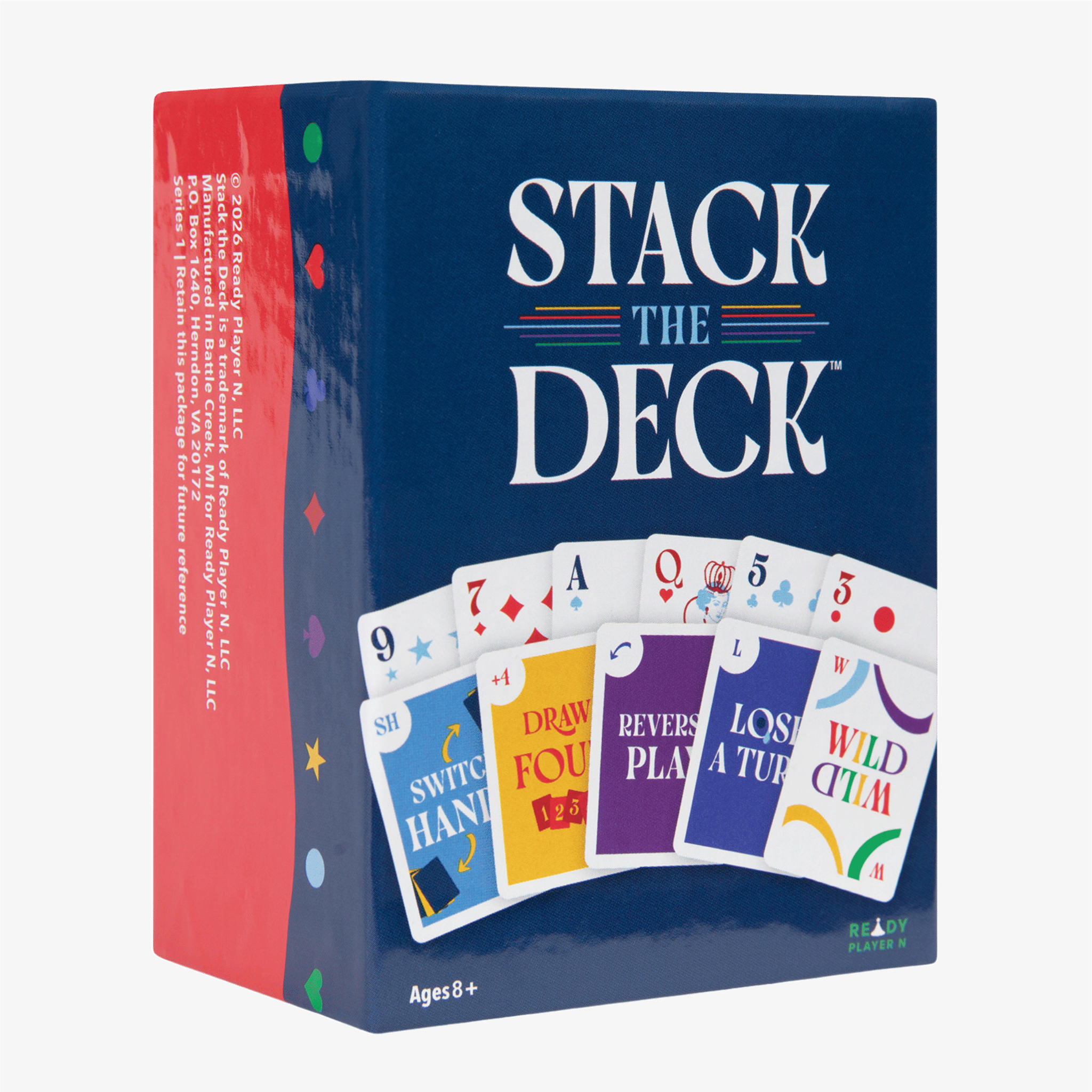Card game packaging for 'Stack the Deck' with colorful card illustrations on a blue background.