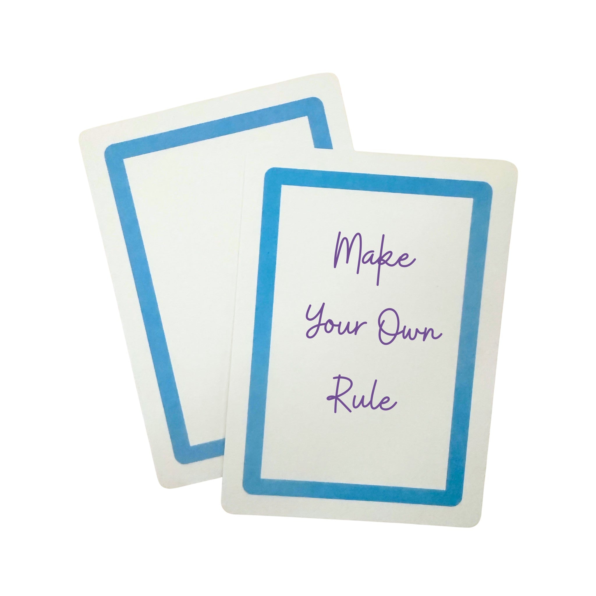 Two playing cards with blue borders, a white background, and text indicating that people can write in their own rules