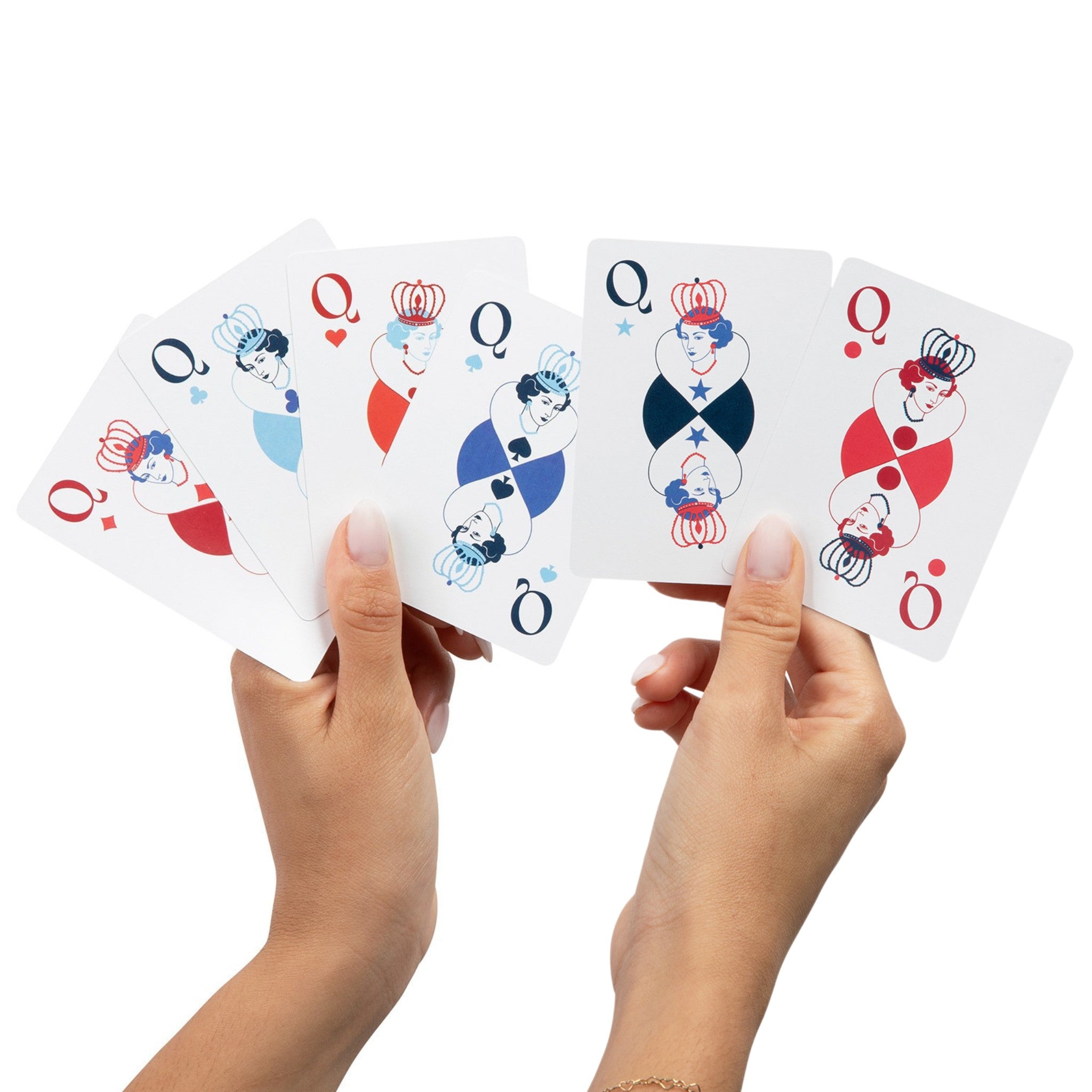 Hands holding 6 queens representing different suits—diamonds, clubs, hearts, spades, stars, circles