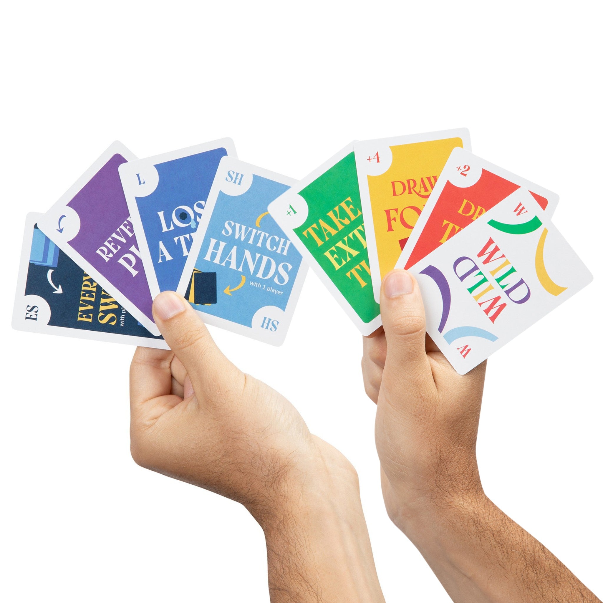 Hands holding colorful Everyone Switch, Reverse Play, Lose a Turn, Switch Hands, Take an Extra Turn, Draw 4, Draw 2 and Wild cards