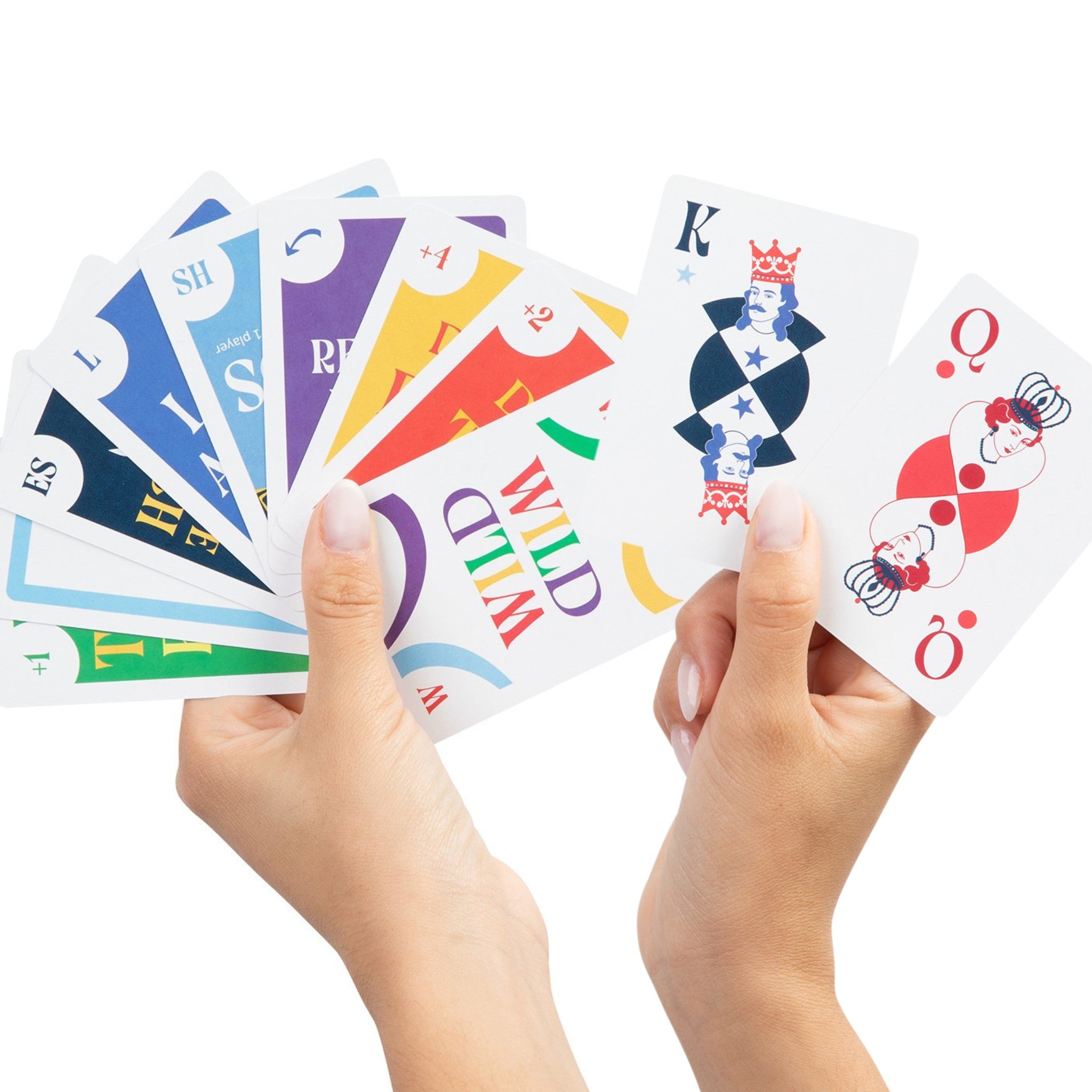 Hands holding new suits and special cards, like Wild, Draw 2, Draw 4, Reverse, and Switch Hands cards along with a blank, make-your-own card