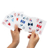 Hands holding 6 queens representing different suits—diamonds, clubs, hearts, spades, stars, circles