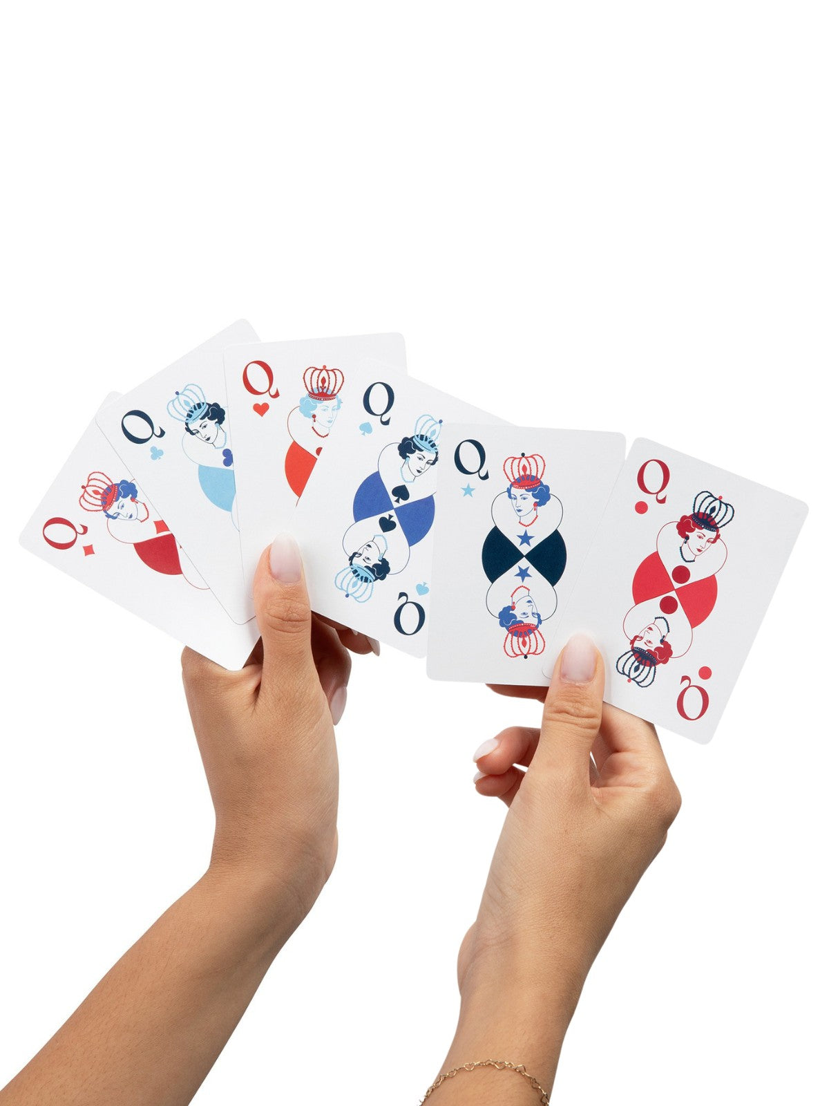 Hands holding 6 queens representing different suits—diamonds, clubs, hearts, spades, stars, circles