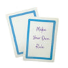 Two playing cards with blue borders, a white background, and text indicating that people can write in their own rules