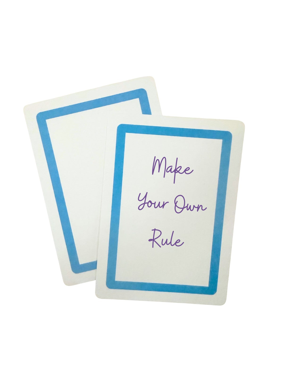 Two playing cards with blue borders, a white background, and text indicating that people can write in their own rules