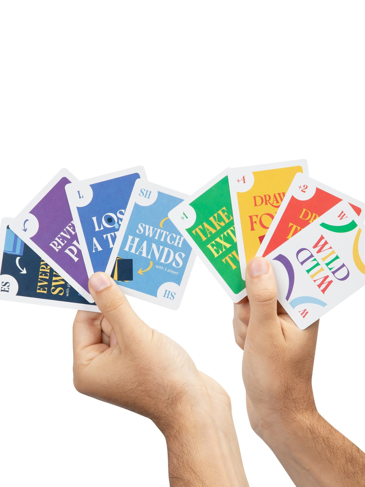 Hands holding colorful Everyone Switch, Reverse Play, Lose a Turn, Switch Hands, Take an Extra Turn, Draw 4, Draw 2 and Wild cards