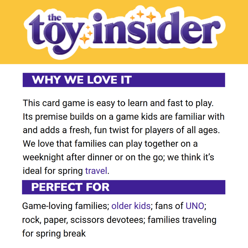 Toy Insider review recommending Rock Paper Scissors Wizard Croc for fans of Uno in Card Games, Family Games, Travel Games, Silly Games, and Tween categories.