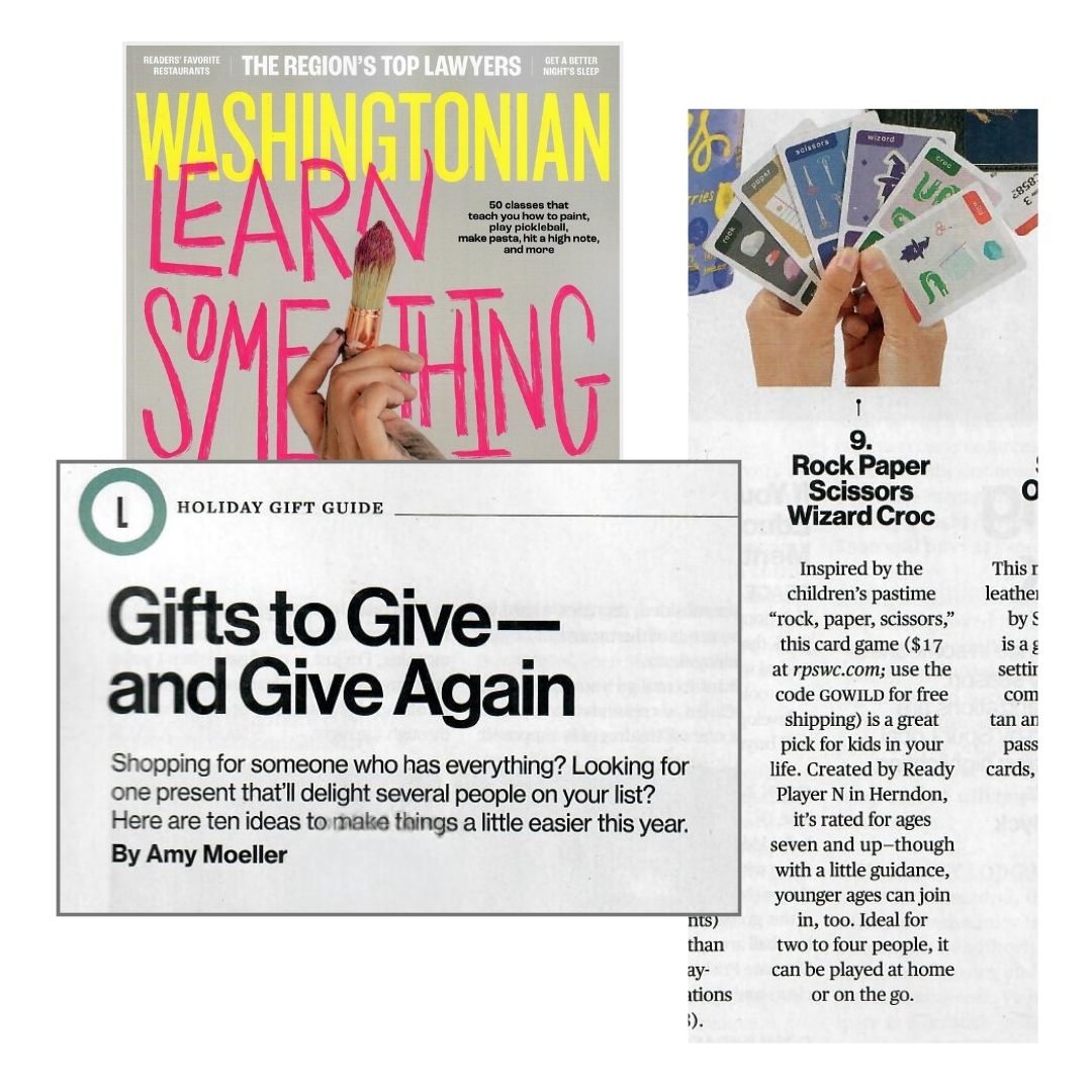 Cover of Washingtonian magazine with headline "Gifts to Give —and Give Again," and card game feature.