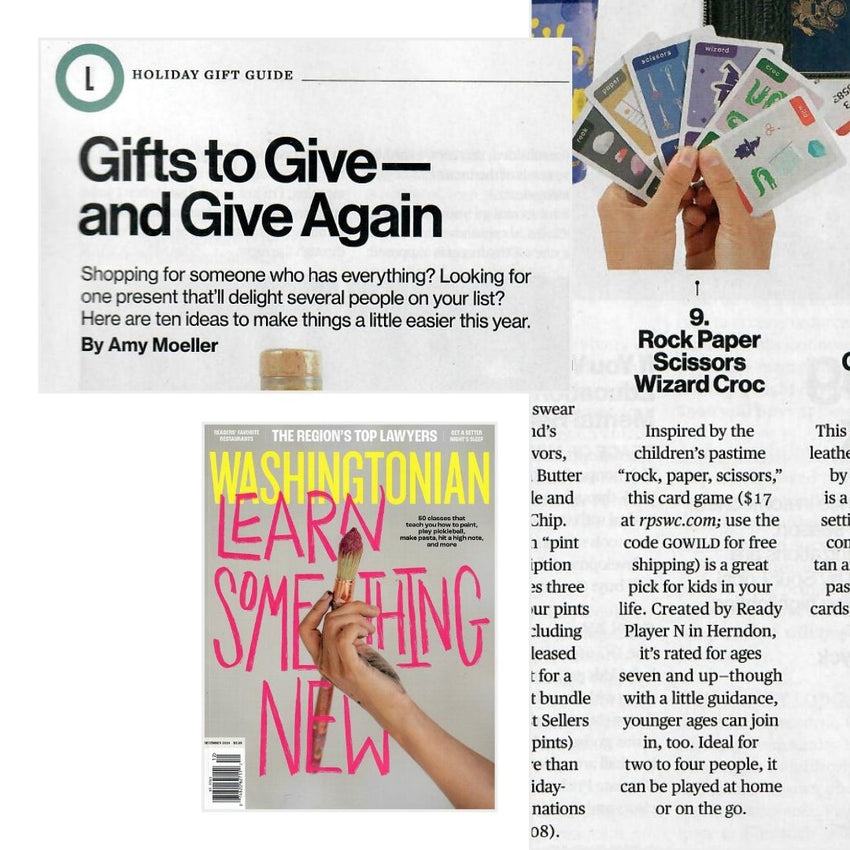 Cover of Washingtonian magazine with headline "Gifts to Give —and Give Again," and card game feature.