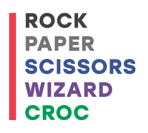 Logo with vertical red stripe and words Rock Paper Scissors Wizard Croc stacked to the right in bright, playful colors.